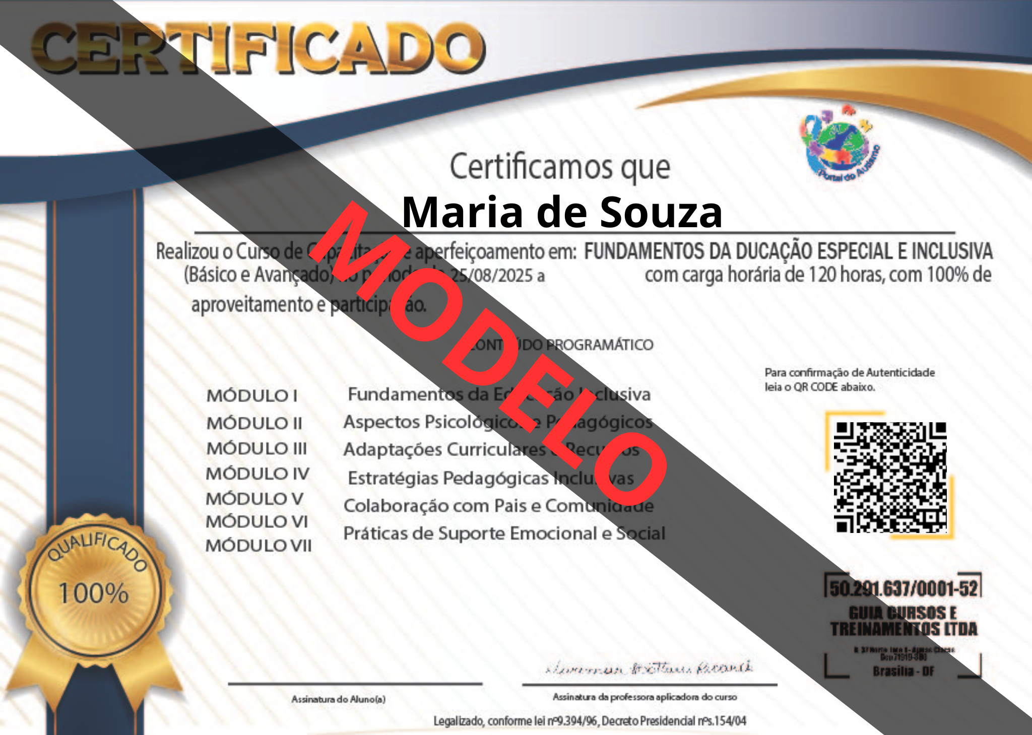 Modelo de certificado de conclusão - Capacitação em Terapia ABA no Autismo - Guia Enfermagem